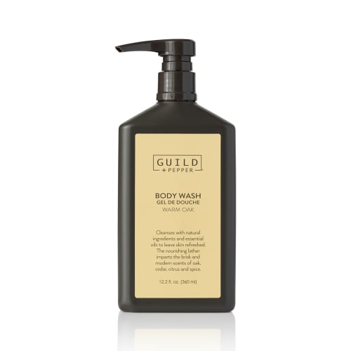Bouteille distributrice de gel douche à mini support Guild+Pepper, non rechargeable, 12 oz/360 ml